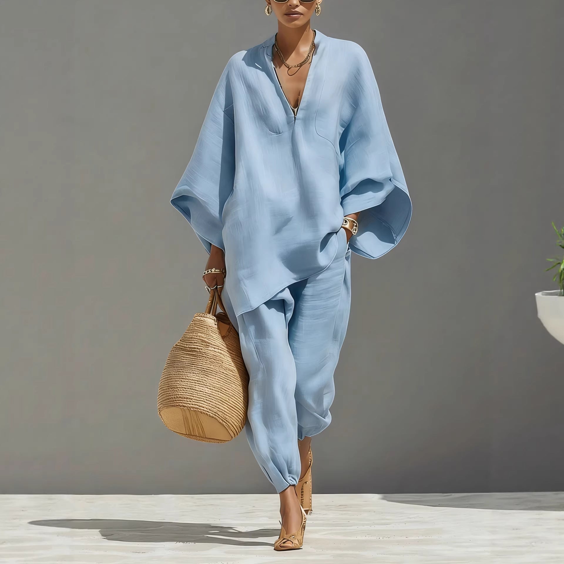 Women’s Batwing Sleeve Lounge Set – Loose Fit V-Neck Two-Piece Outfit