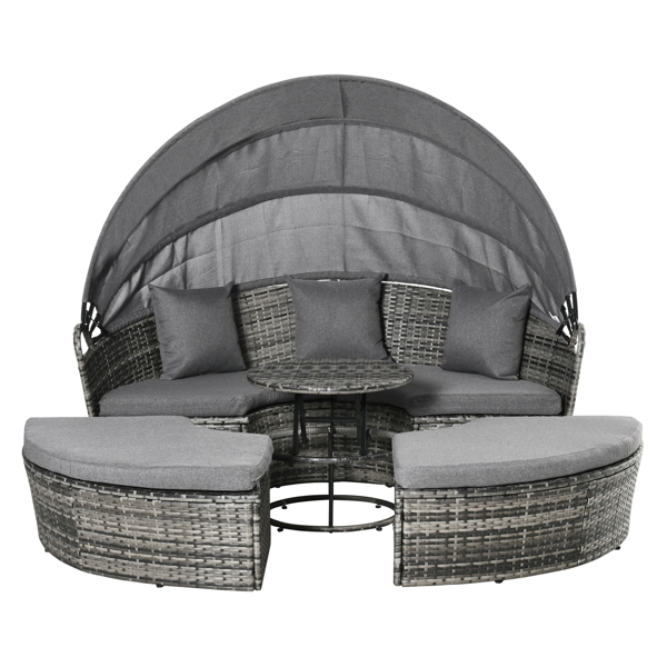4-Piece Outdoor Rattan Daybed Set with Retractable Canopy – Multi Gray