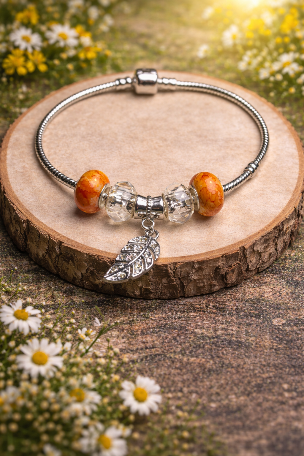 925 Sterling Silver Charm Bracelet – Snake Chain with Beads - Orange