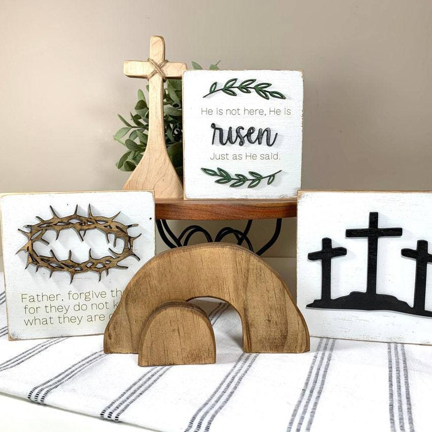 Easter Religious Wooden Decor Set – Pine Wood Cross, Church & Angel Tray Display