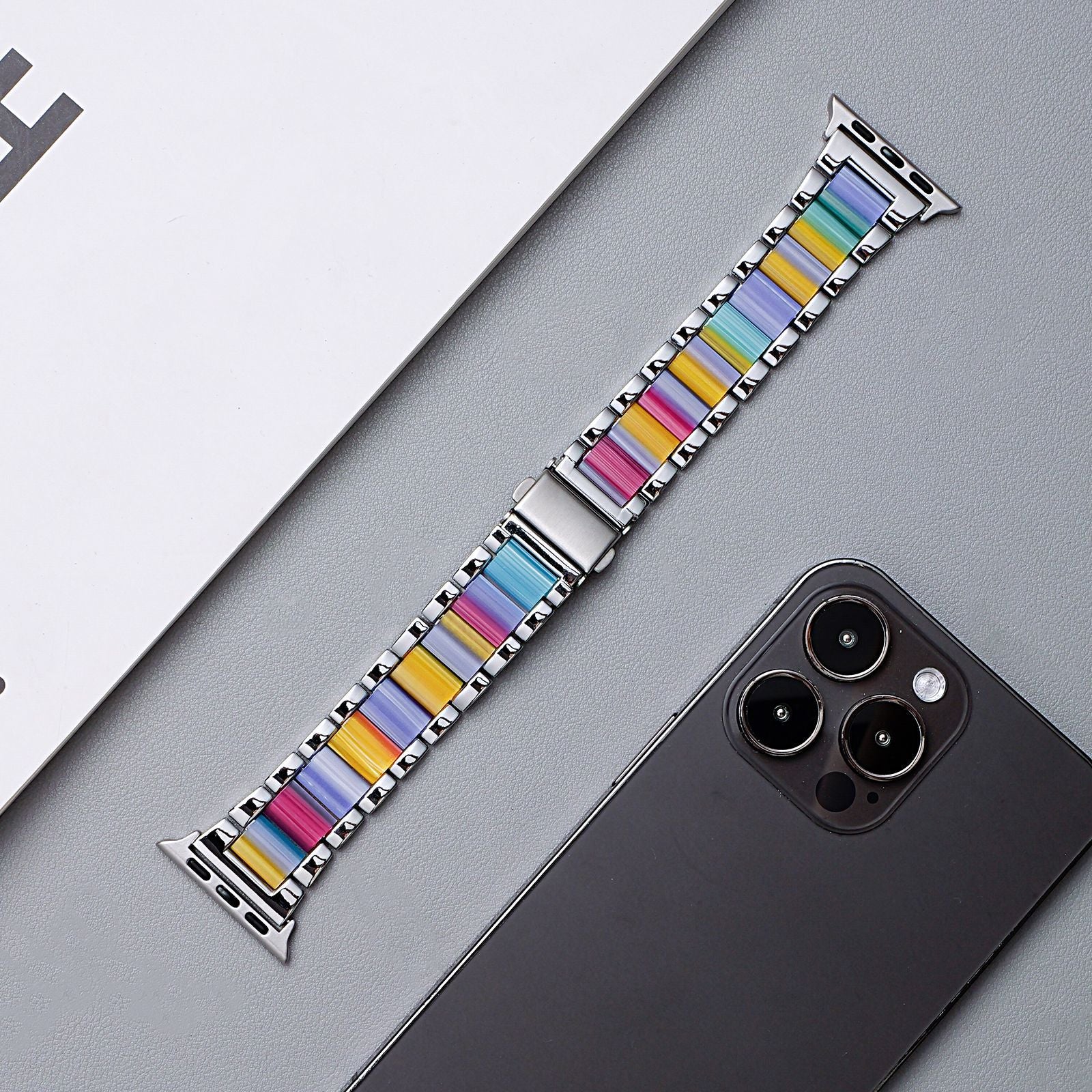 Metal Rainbow Resin Apple Watch Strap – Three-Bead Folding Buckle Replacement Band