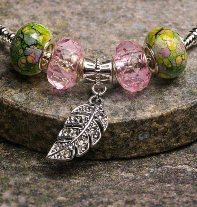 925 Sterling Silver Charm Bracelet – Snake Chain with Beads - Green and Pink