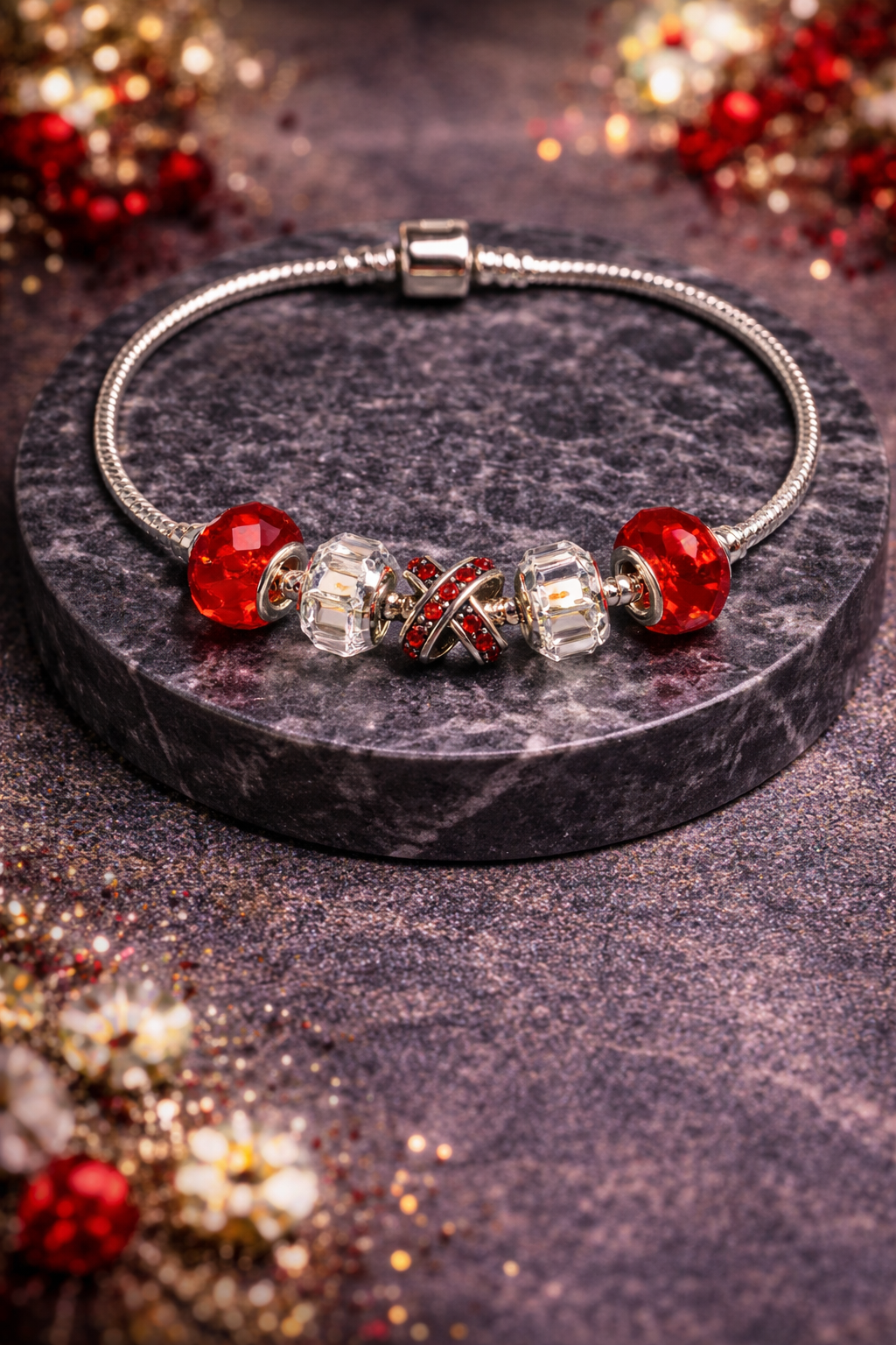 925 Sterling Silver Charm Bracelet – Snake Chain with Beads - Red