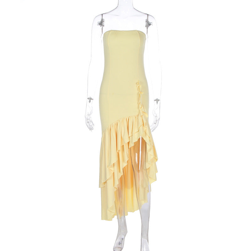 Women’s Off-Shoulder Maxi Dress – Asymmetrical High Waist Lotus Hem Dress