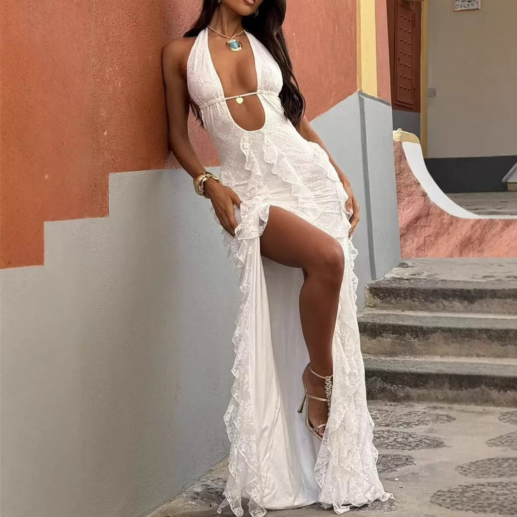 Women’s Halter Neck Maxi Dress – Deep V A-Line High Waist Elegant Dress