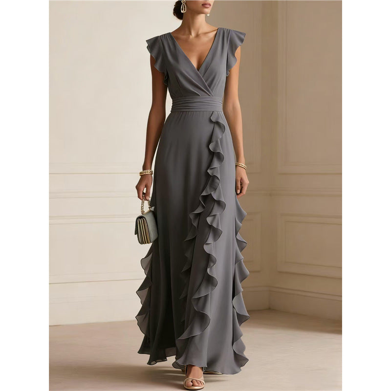 Women’s Sleeveless Maxi Dress – V-Neck High Waist Pleated Dress