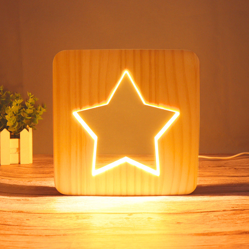 3D Wooden Projection Night Light – LED Carved Ambient Table Lamp
