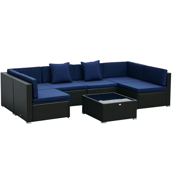 6-Piece Outdoor Sectional Sofa Set – Dark Brown Rattan with Dark Blue Cushions