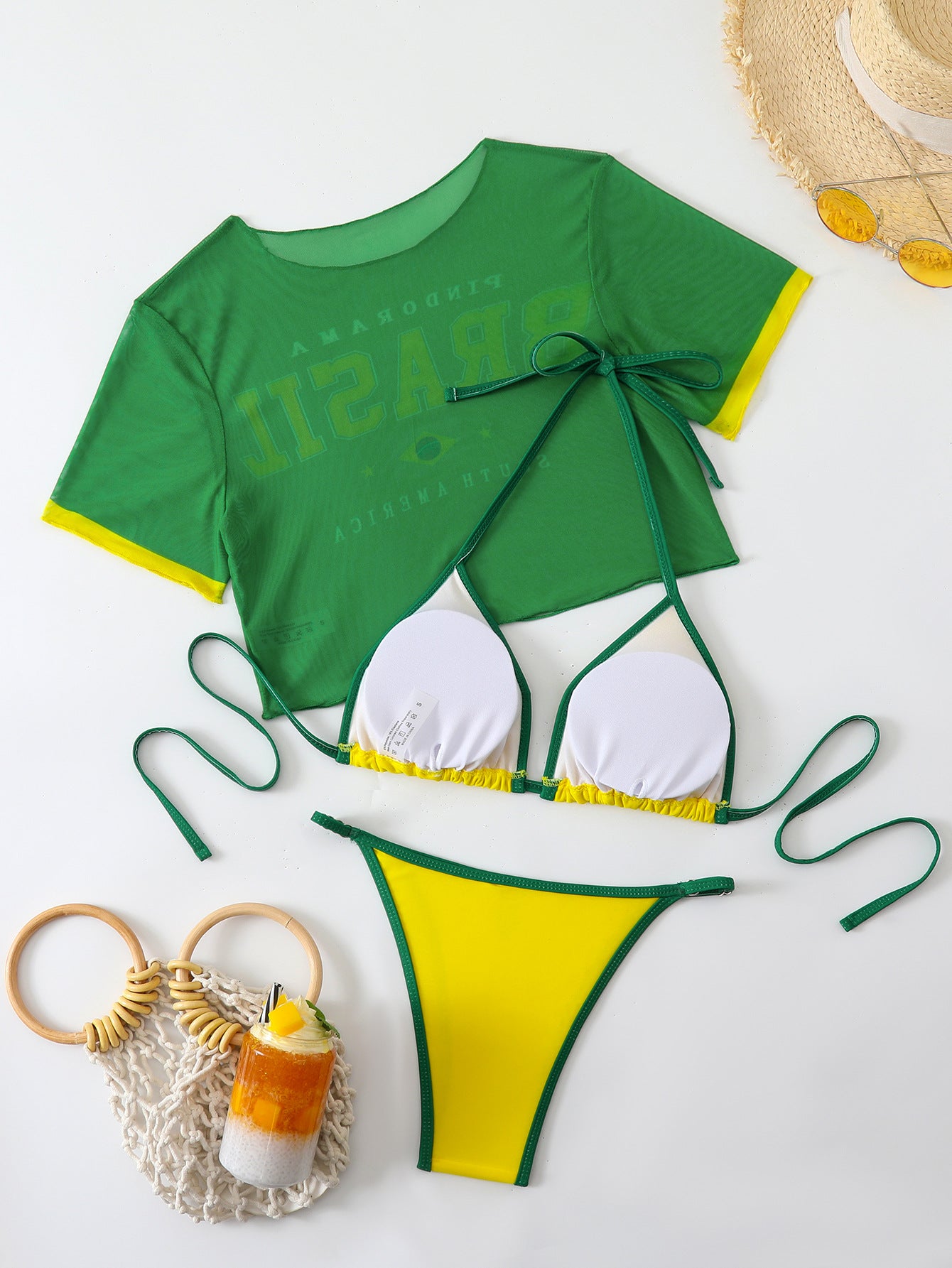 Women’s Three-Piece Bikini Set – Color Block Swimwear with Cover-Up