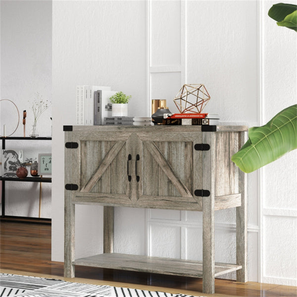 Farmhouse Entryway Cabinet with Barn-Style Doors – Stone Gray Storage Cabinet