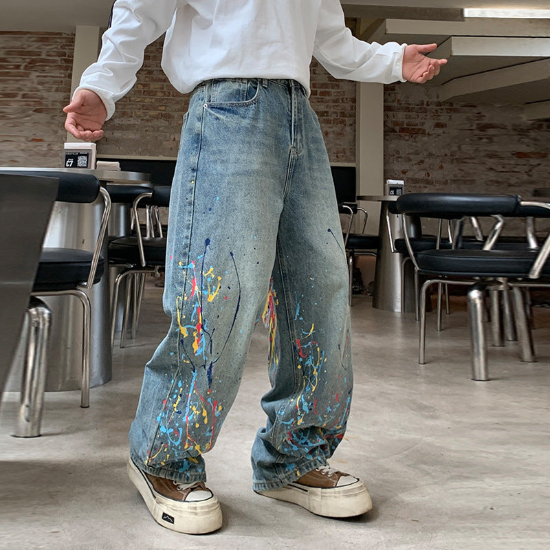 Vintage Distressed Wide-Leg Stretch Denim Jeans – Retro Straight-Cut Streetwear Pants