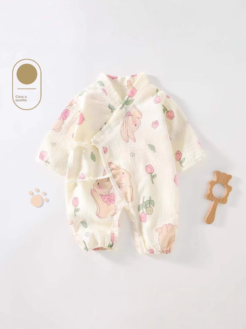 100% Cotton Baby Romper – Long Sleeve Gauze Slanted Tie Jumpsuit (Four-Season Wear)