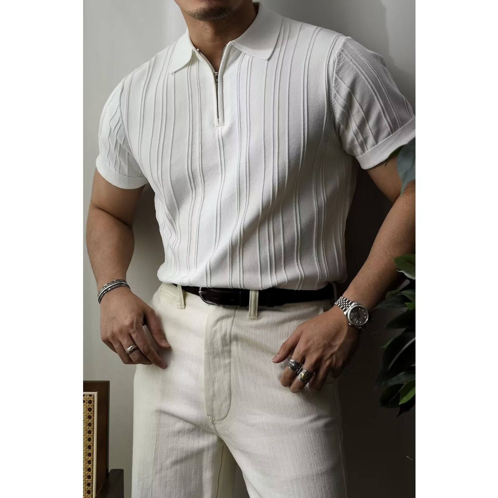 Men's Striped Zipper Polo Shirt – Lightweight Summer Short Sleeve Shirt