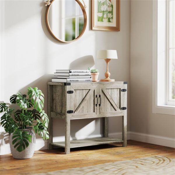 Farmhouse Entryway Cabinet with Barn-Style Doors – Stone Gray Storage Cabinet