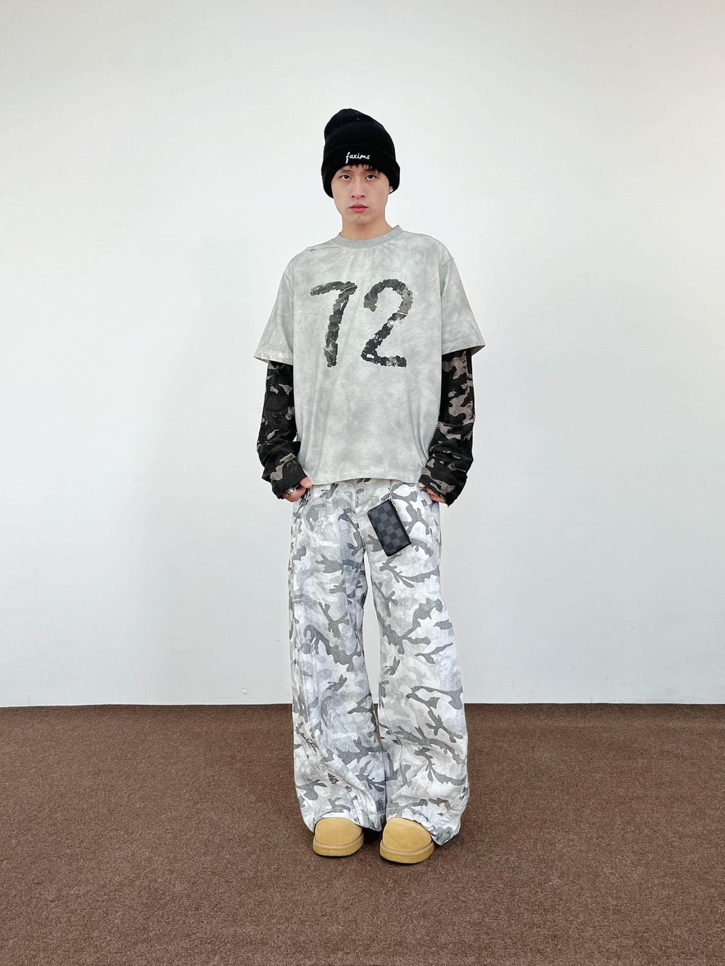 Gray Camouflage Cargo Pants – Loose Straight-Leg Cotton Trousers