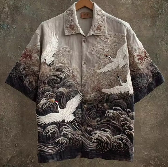 Men's Retro Button-Up Shirt – Relaxed Fit Mid-Sleeve Vintage Shirt