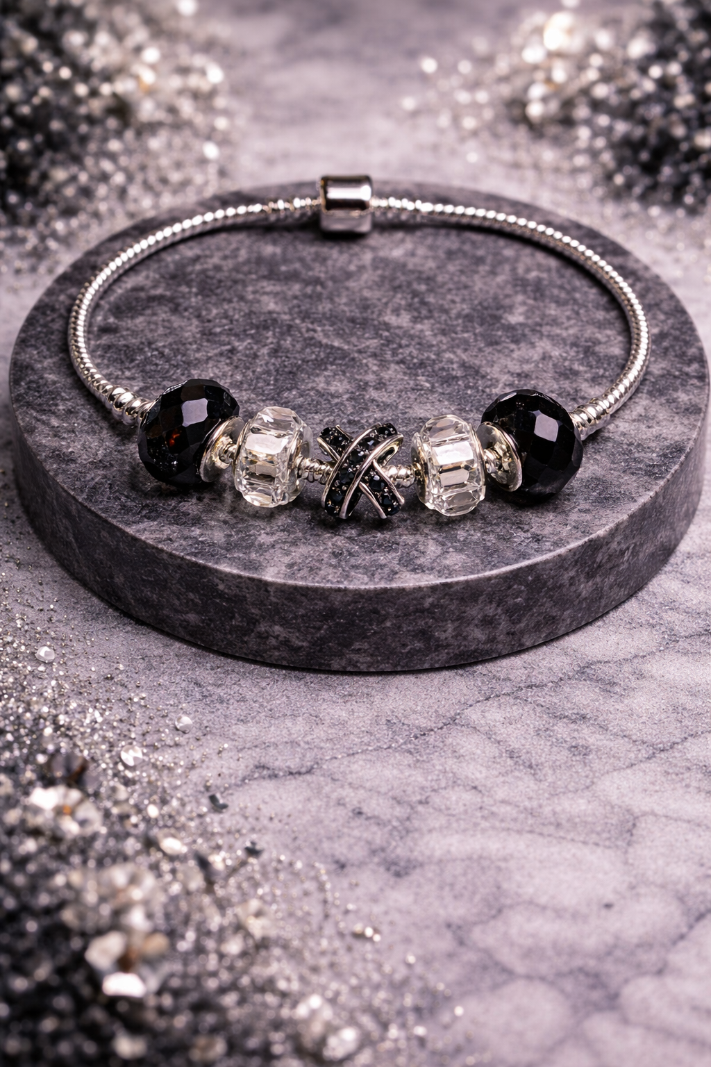 925 Sterling Silver Charm Bracelet – Snake Chain with Beads - Black