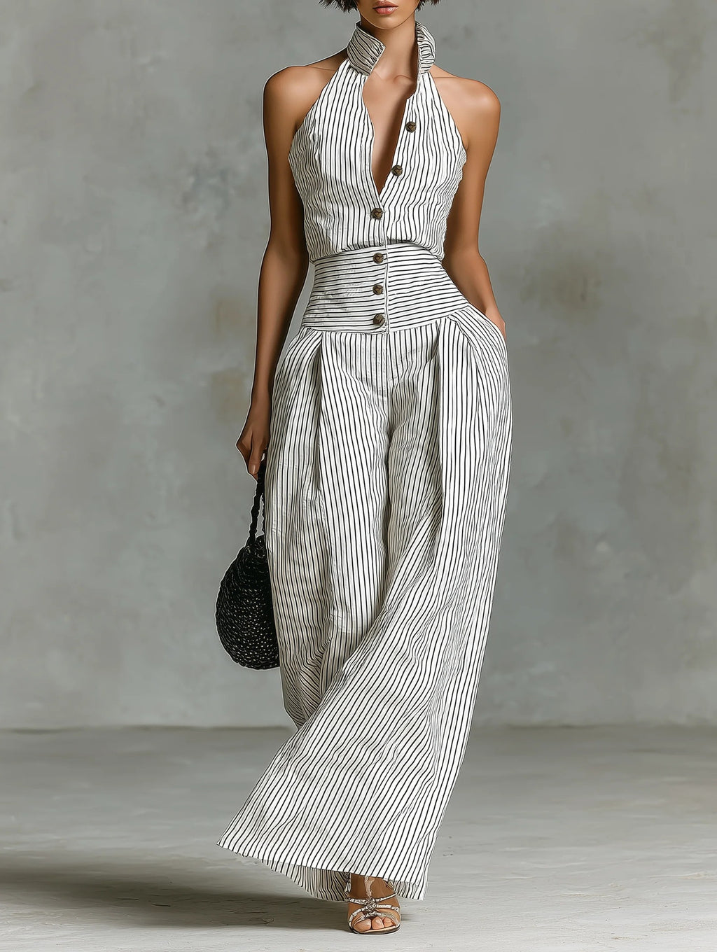 Women’s Striped Wide-Leg Jumpsuit – Sleeveless Halter Neck Outfit