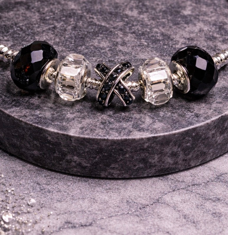925 Sterling Silver Charm Bracelet – Snake Chain with Beads - Black
