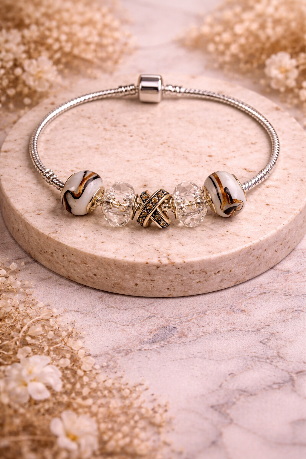 925 Sterling Silver Charm Bracelet – Snake Chain with  Beads - Bronze