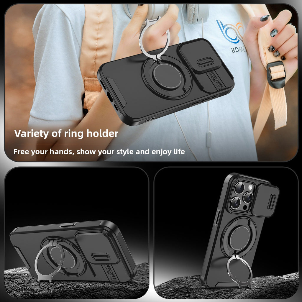 Magnetic Phone Case with Sliding Window Stand – Protective Cover for iPhone