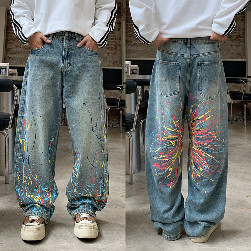 Vintage Distressed Wide-Leg Stretch Denim Jeans – Retro Straight-Cut Streetwear Pants