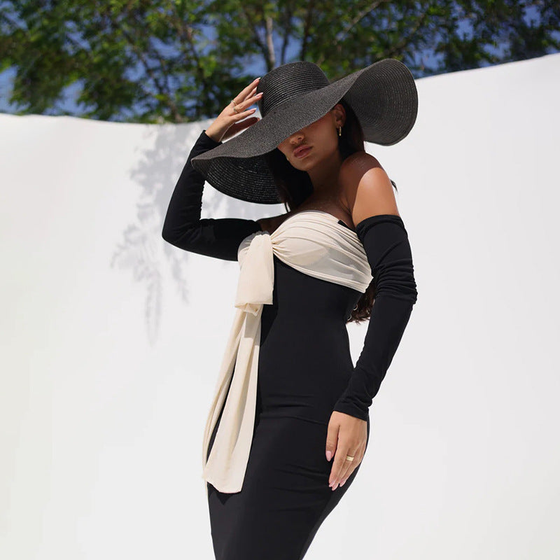 Color Block Off-Shoulder Bodycon Maxi Dress