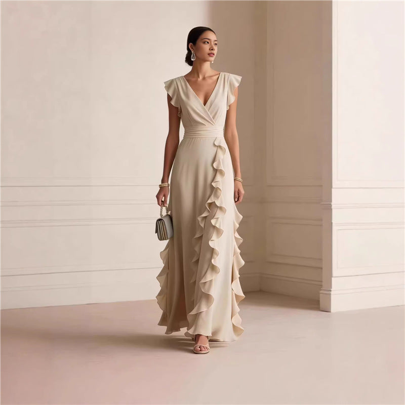 Women’s Sleeveless Maxi Dress – V-Neck High Waist Pleated Dress