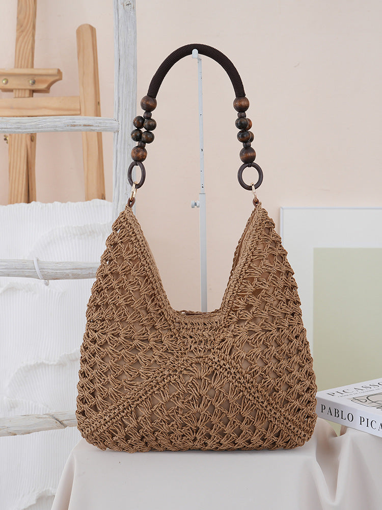 Woven Straw Shoulder Bag – Boho Beach Tote with Large Capacity