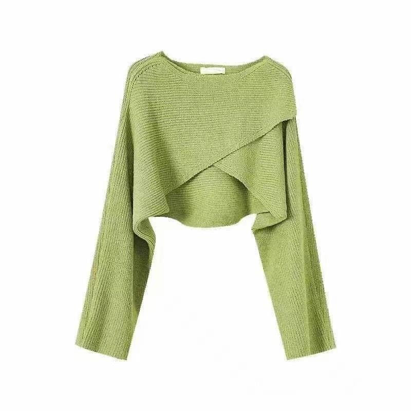 Women’s Cropped Batwing Knit Sweater – Asymmetrical Round Neck Fashion Pullover