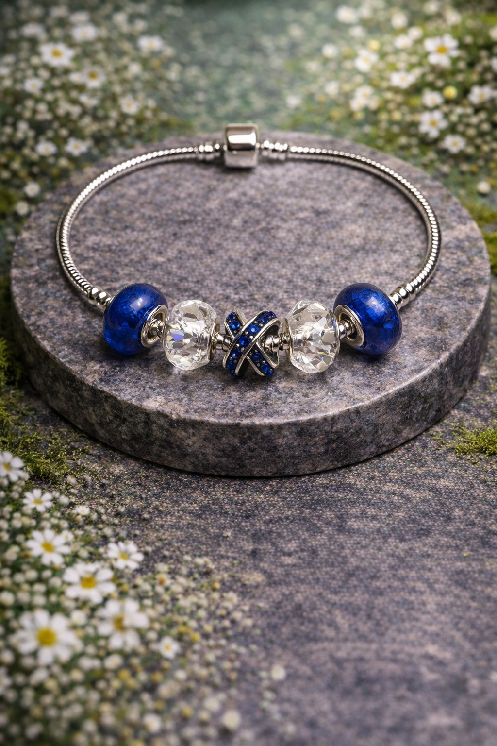 925 Sterling Silver Charm Bracelet – Snake Chain with Beads - Crystal Blue