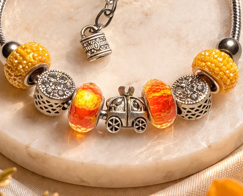 925 Sterling Silver Charm Bracelet – Snake Chain with Beads - Yellow and Orange