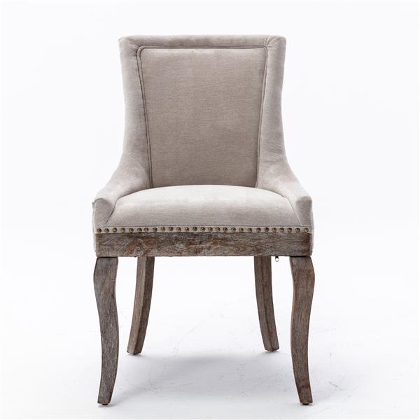 Beige Upholstered Dining Chair with Solid Wood Legs & Bronze Nailhead Trim