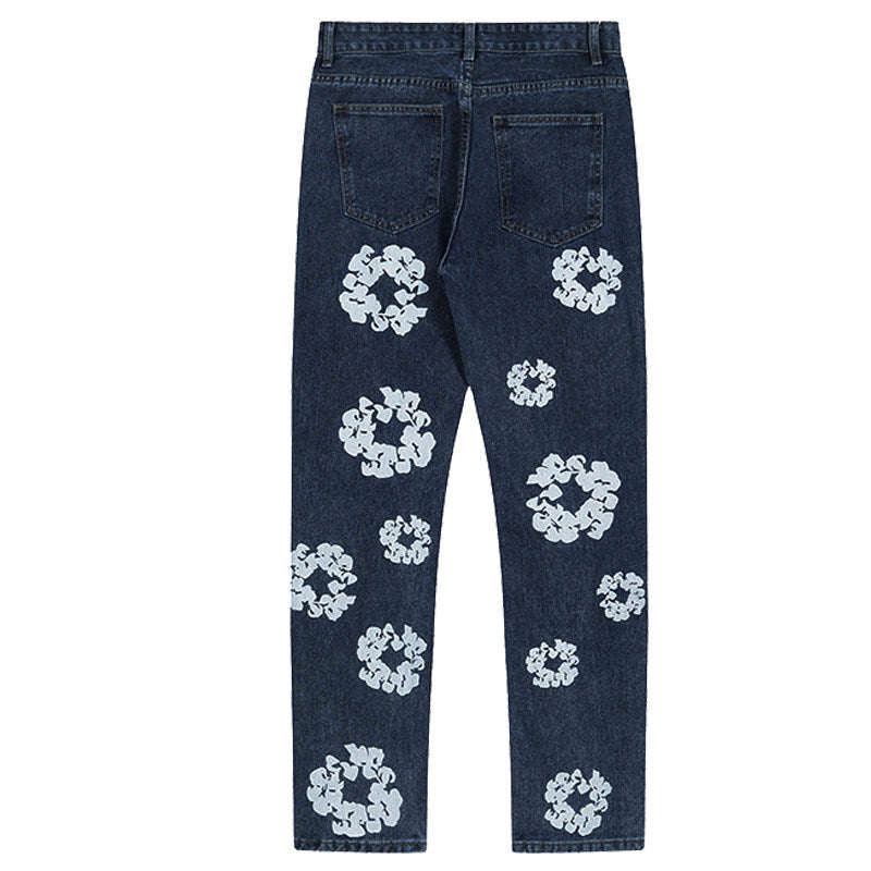 American Trendy Embossed Denim Jeans – Unisex Straight-Leg Floral Design Pants