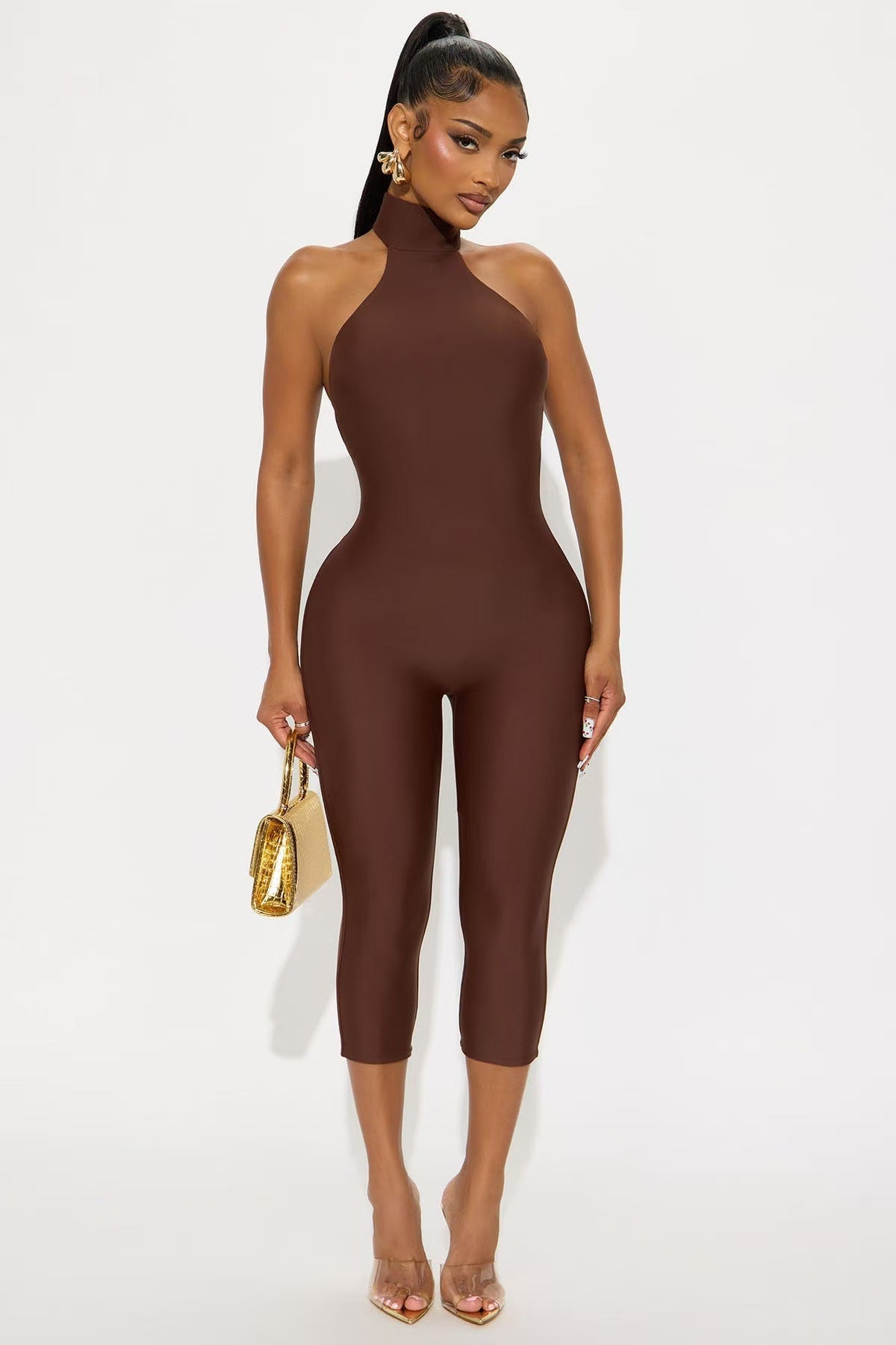 Women’s Halter Neck Jumpsuit – Backless Slim Fit Cropped Outfit