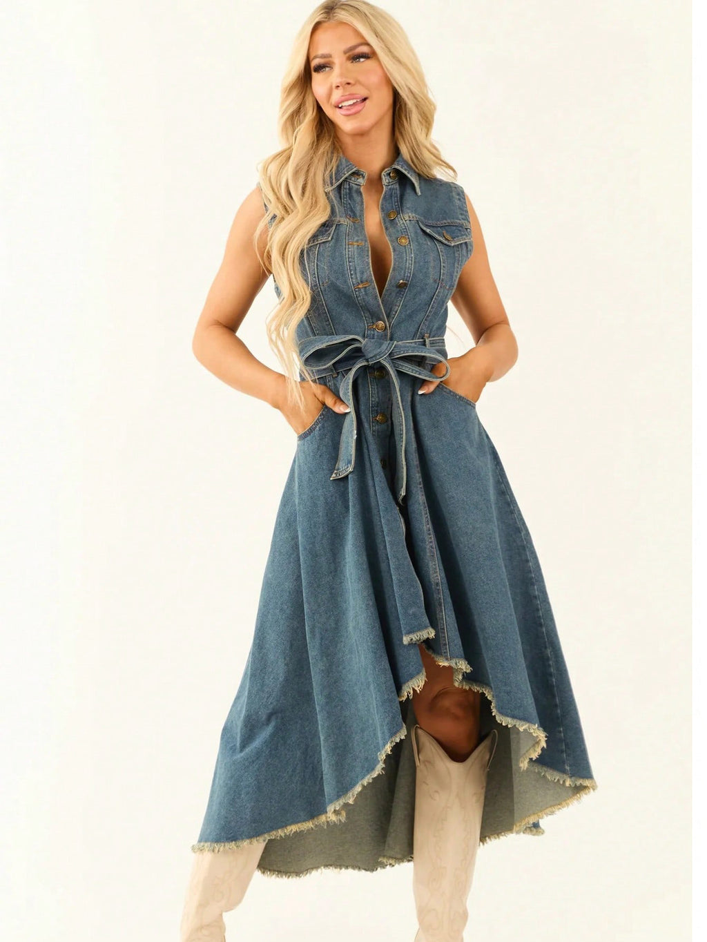 Women’s Denim Midi Dress – Sleeveless Lace-Up Irregular Hem Dress