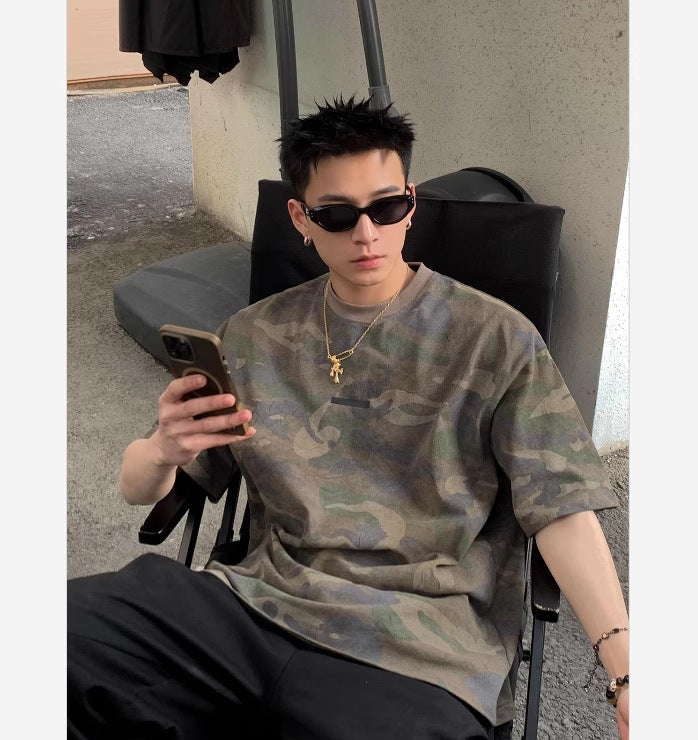 American Retro Camouflage T-Shirt – Vintage Washed Loose-Fit Summer Streetwear