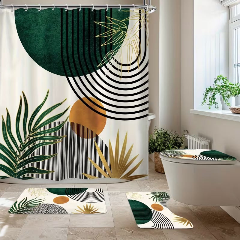 Geometric Shower Curtain Set – 4-Piece Bathroom Decor with Mats