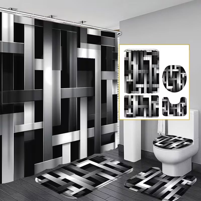 Geometric Shower Curtain Set – 4-Piece Bathroom Decor with Mats