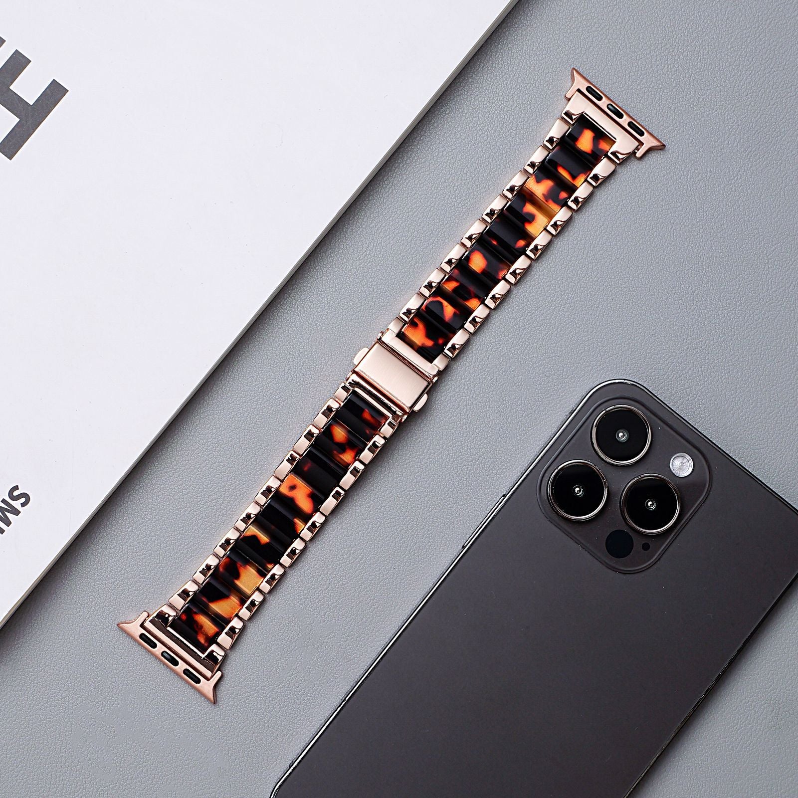 Metal Rainbow Resin Apple Watch Strap – Three-Bead Folding Buckle Replacement Band