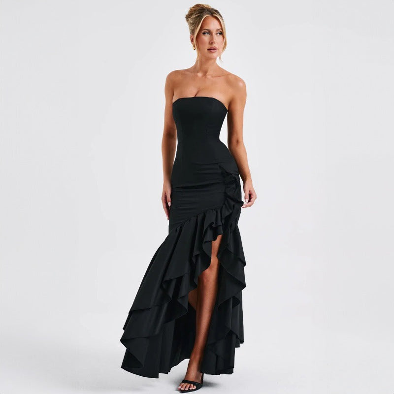 Women’s Off-Shoulder Maxi Dress – Asymmetrical High Waist Lotus Hem Dress