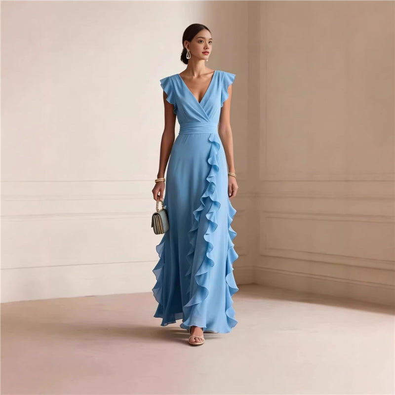 Women’s Sleeveless Maxi Dress – V-Neck High Waist Pleated Dress