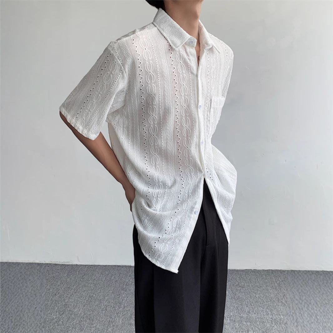 Men's Retro Jacquard Summer Shirt – Lightweight Short Sleeve Cardigan Style Shirt