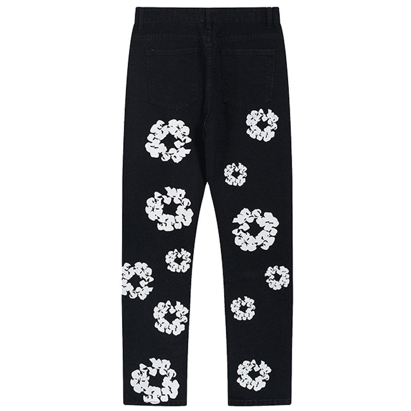 American Trendy Embossed Denim Jeans – Unisex Straight-Leg Floral Design Pants