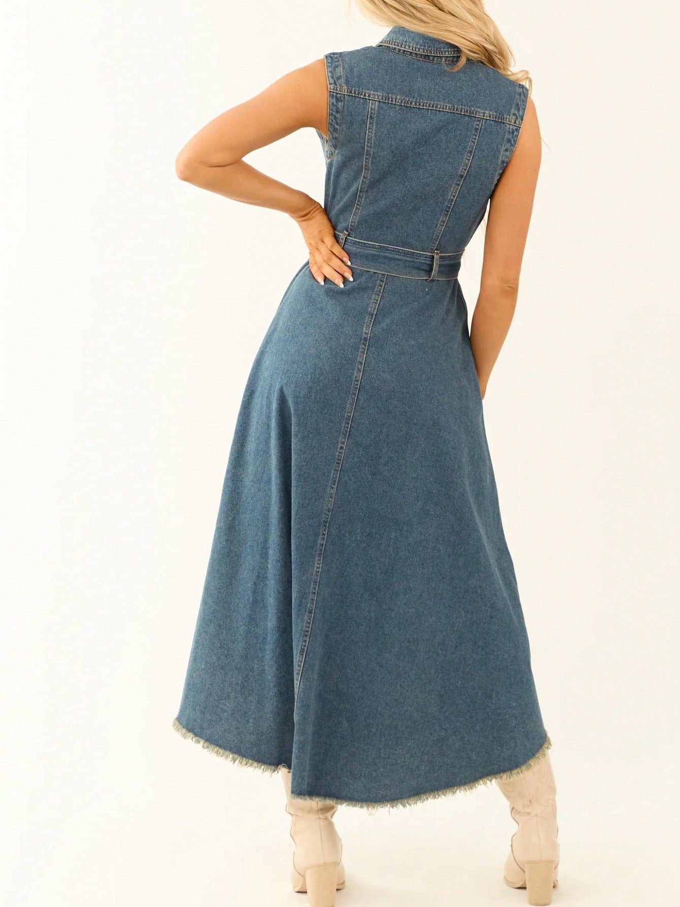 Women’s Denim Midi Dress – Sleeveless Lace-Up Irregular Hem Dress