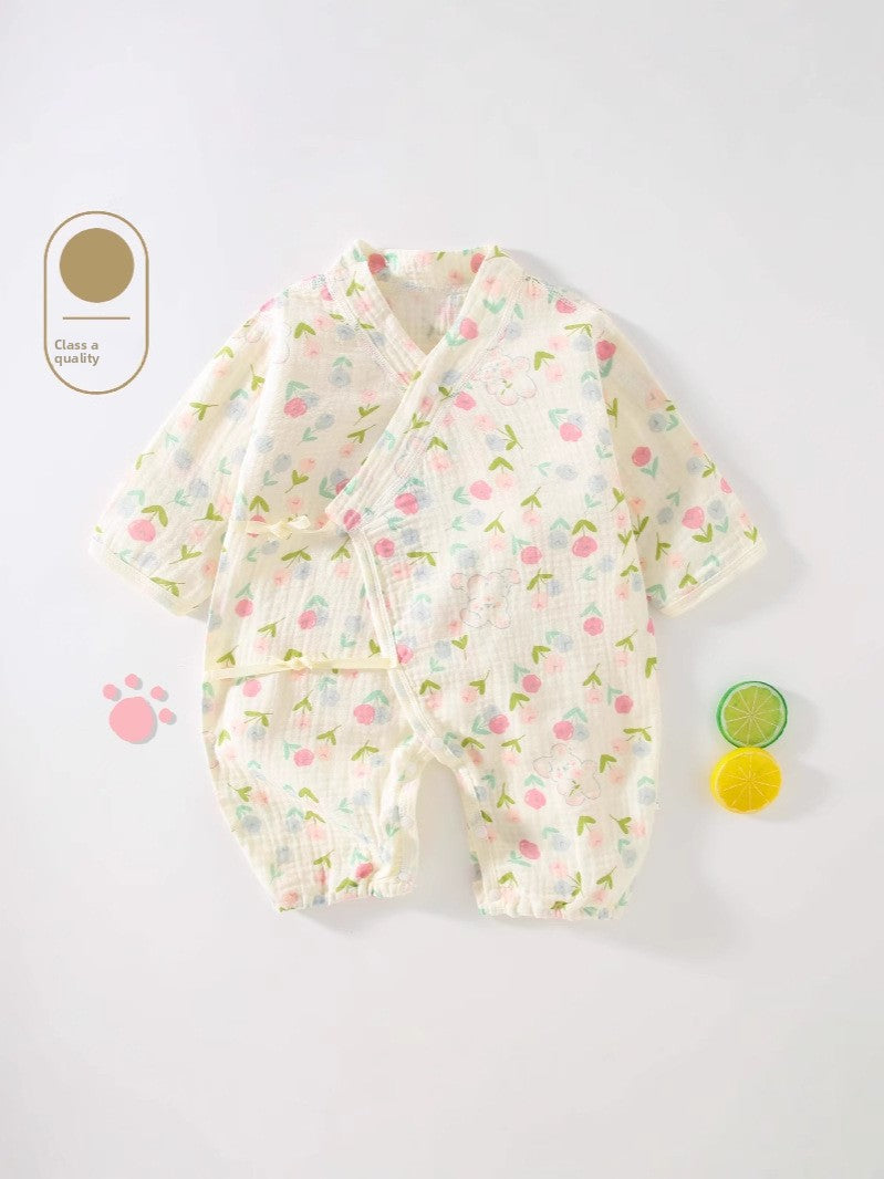 100% Cotton Baby Romper – Long Sleeve Gauze Slanted Tie Jumpsuit (Four-Season Wear)