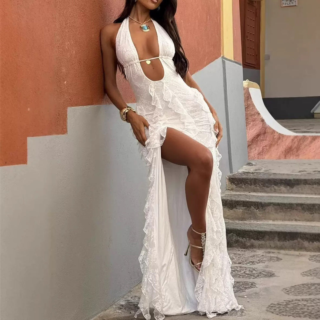Women’s Halter Neck Maxi Dress – Deep V A-Line High Waist Elegant Dress