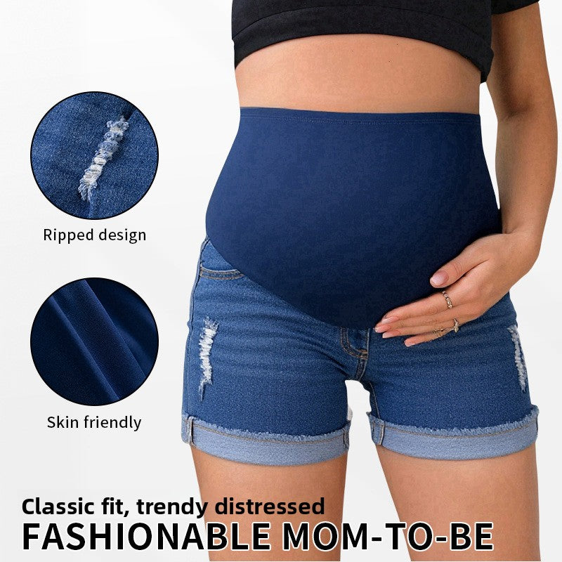 High-Waist Maternity Ripped Denim Shorts – Stretch Pregnancy Summer Shorts with Belly Support