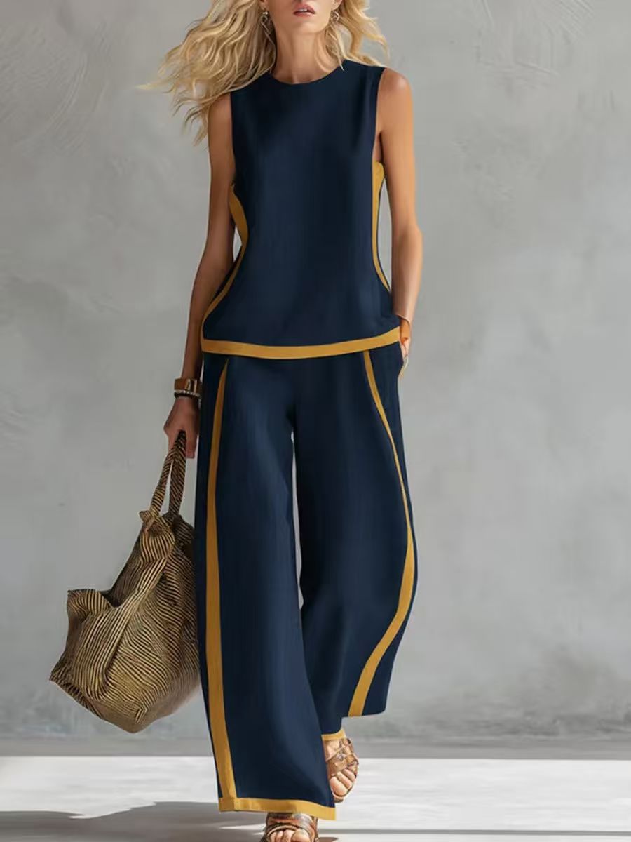Women’s Sleeveless Two-Piece Set – Color Block Wide-Leg Outfit