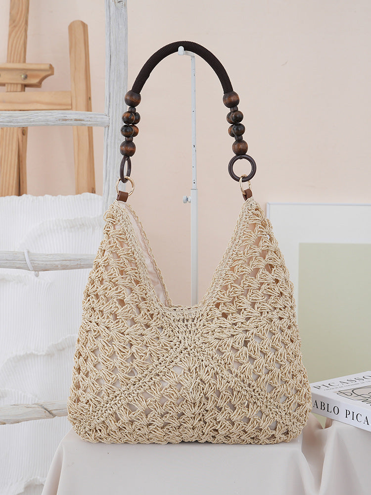 Woven Straw Shoulder Bag – Boho Beach Tote with Large Capacity